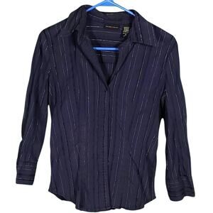 BLACK FRIDAY SALE Womens Blouse, 3/4 sleeve Button-down, Nvy w/Silver Pinstripes